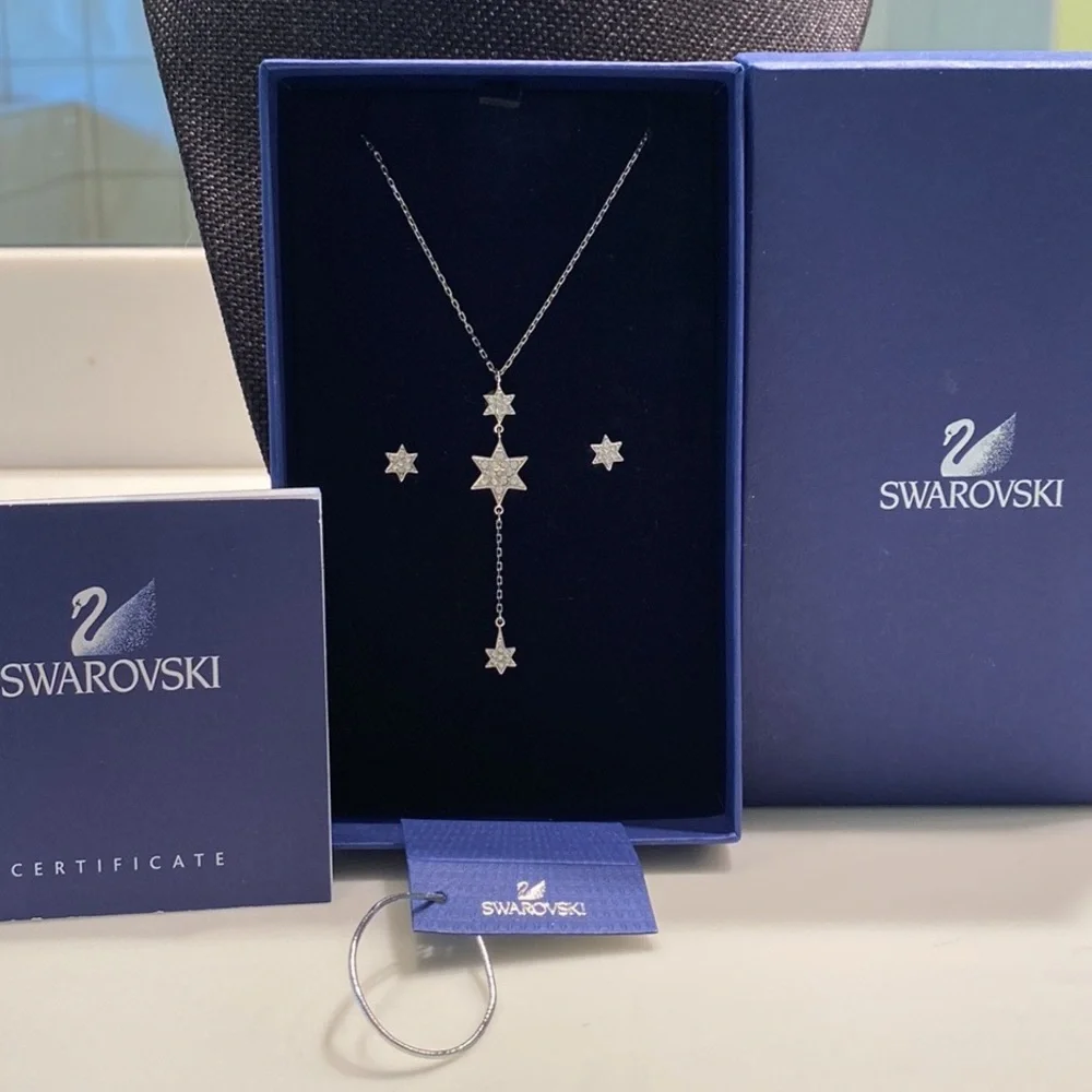 Swarovski Crystal & Silver Y-shaped Dangling Star Necklace Matching Earrings NWT - Picture 2 of 8